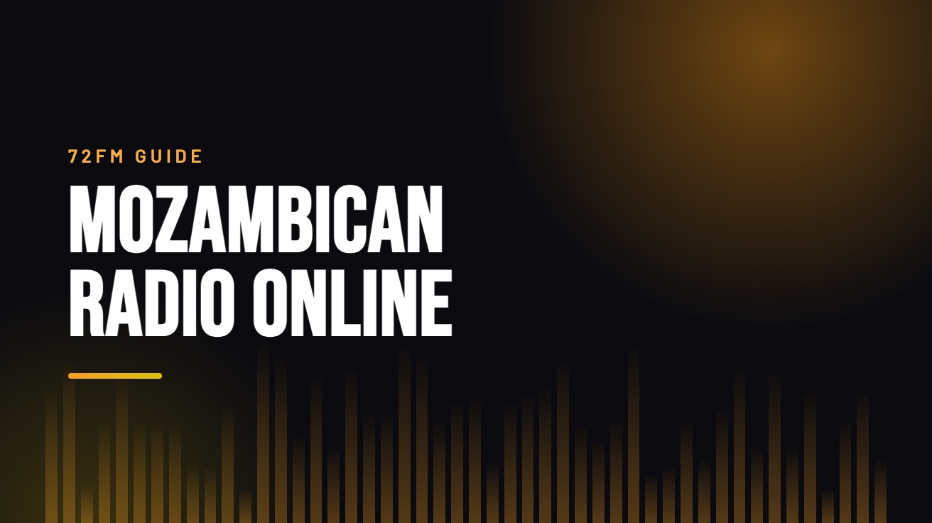 Title card for the guide: Mozambican Radio Online, in amber on black with an equaliser motif