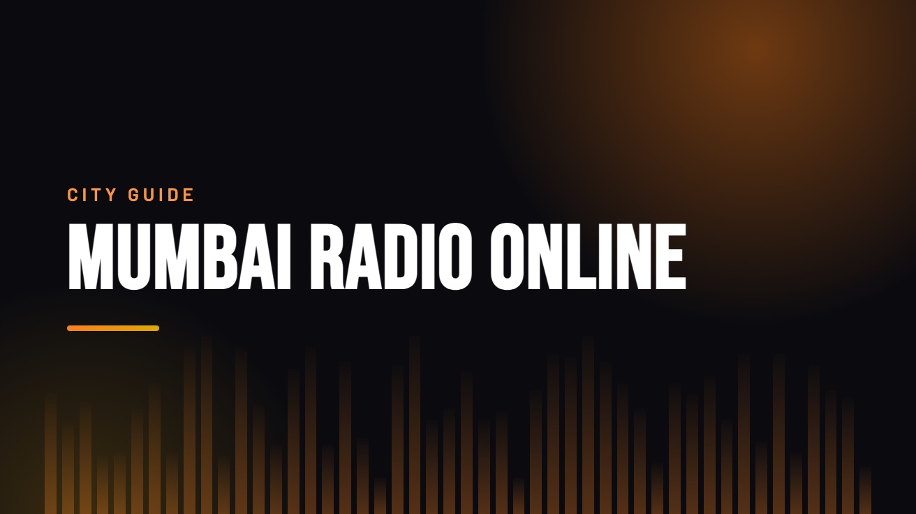 Title card for the guide: Mumbai Radio Online, in amber on black with an equaliser motif