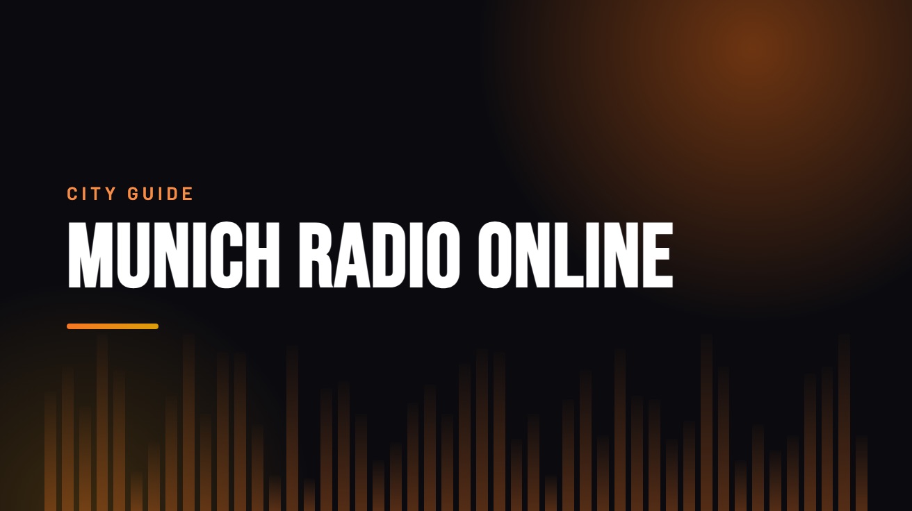 Title card for the guide: Munich Radio Online, in amber on black with an equaliser motif