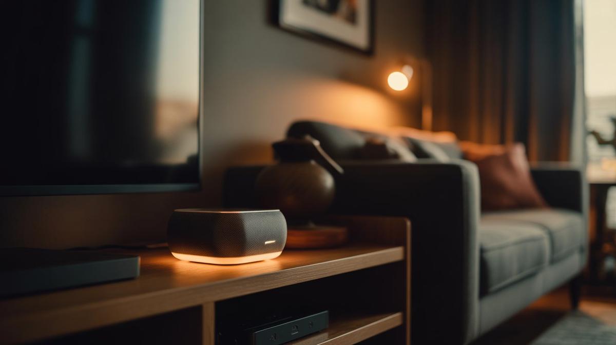 Smart speaker glowing warm on a shelf