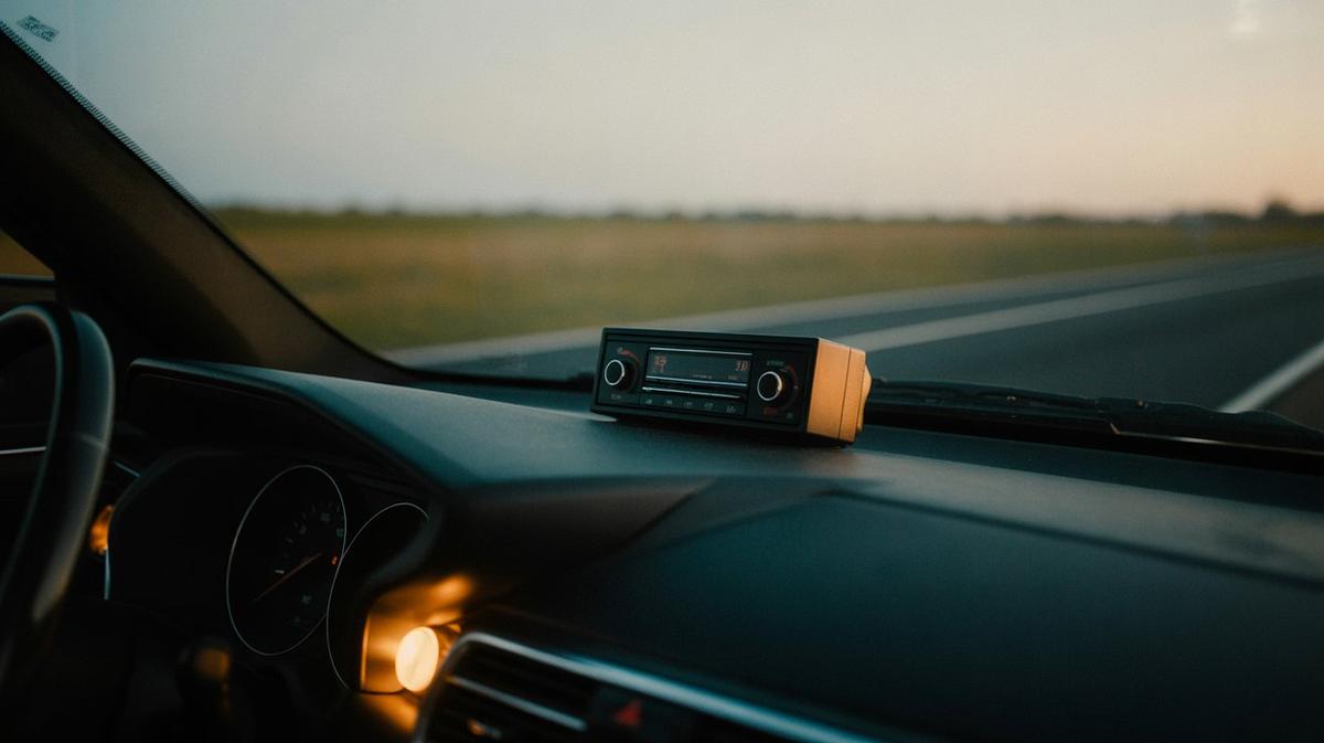 Car dashboard glowing warm at dusk