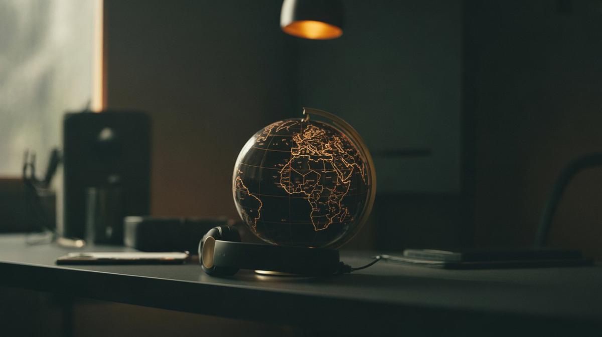 Glowing globe with headphones on a dark desk