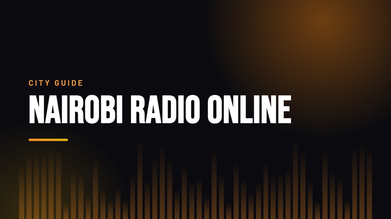 Title card for the guide: Nairobi Radio Online, in amber on black with an equaliser motif