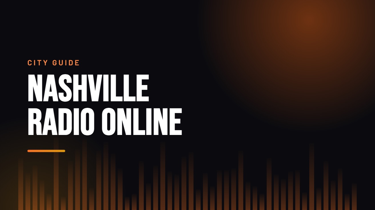 Title card for the guide: Nashville Radio Online, in amber on black with an equaliser motif