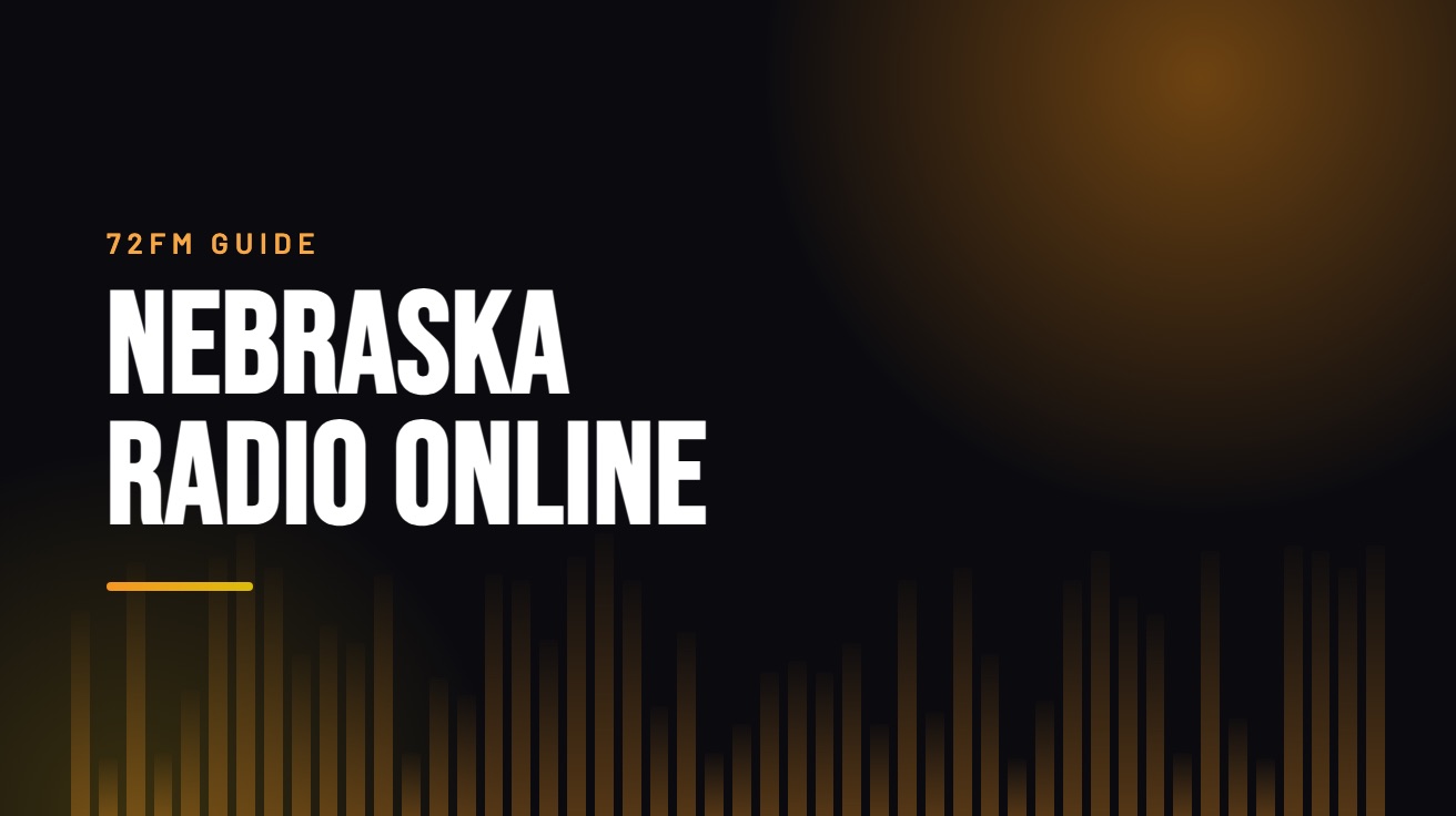 Title card for the guide: Nebraska Radio Online, in amber on black with an equaliser motif