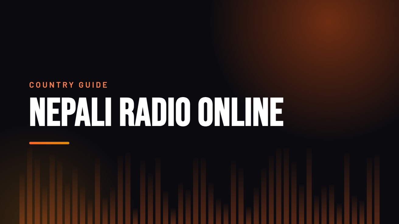 Title card for the guide: Nepali Radio Online, in amber on black with an equaliser motif