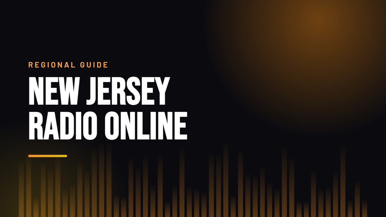 Title card for the guide: New Jersey Radio Online, in amber on black with an equaliser motif