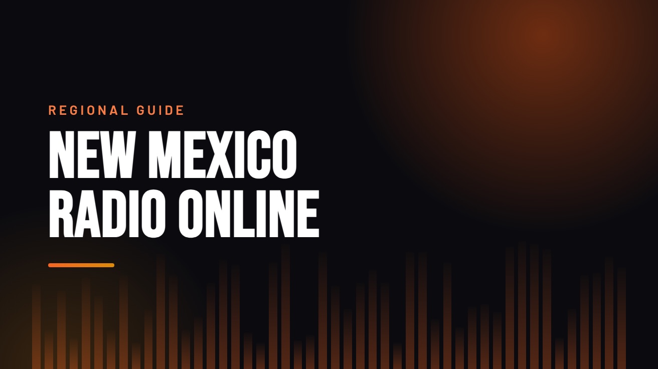 Title card for the guide: New Mexico Radio Online, in amber on black with an equaliser motif