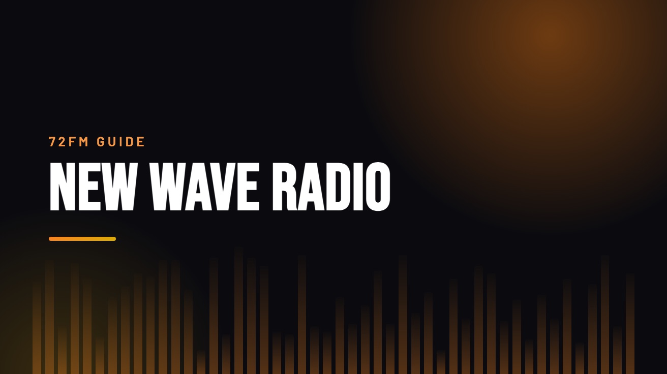 Title card for the guide: New Wave Radio, in amber on black with an equaliser motif