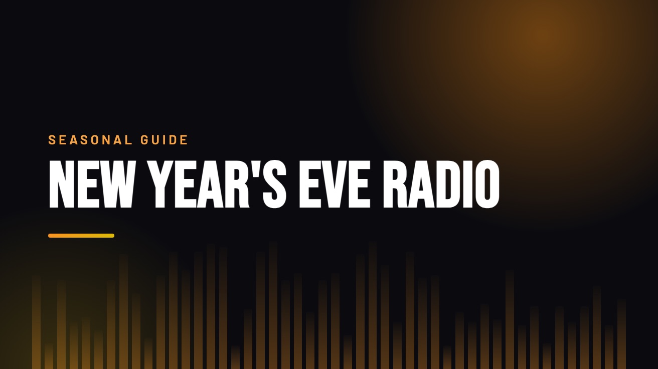 Title card for the guide: New Year's Eve Radio, in amber on black with an equaliser motif