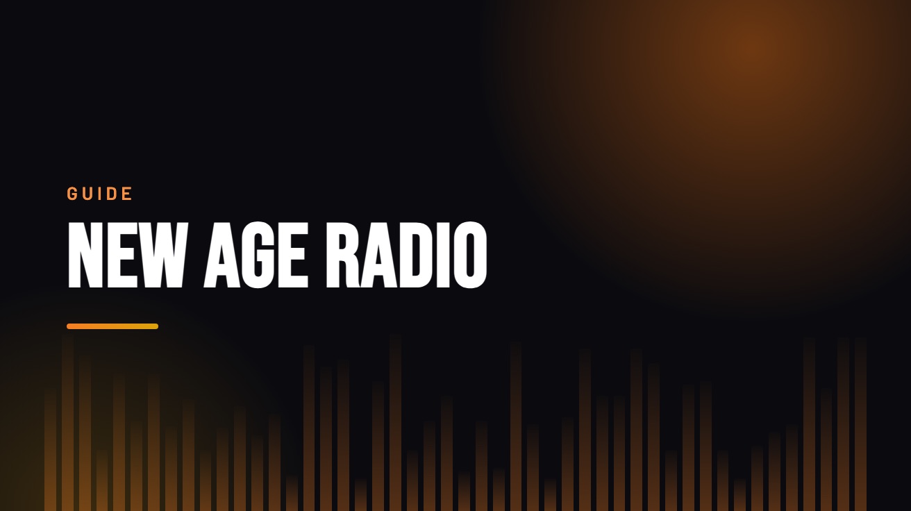 Title card for the guide: New Age Radio, in amber on black with an equaliser motif