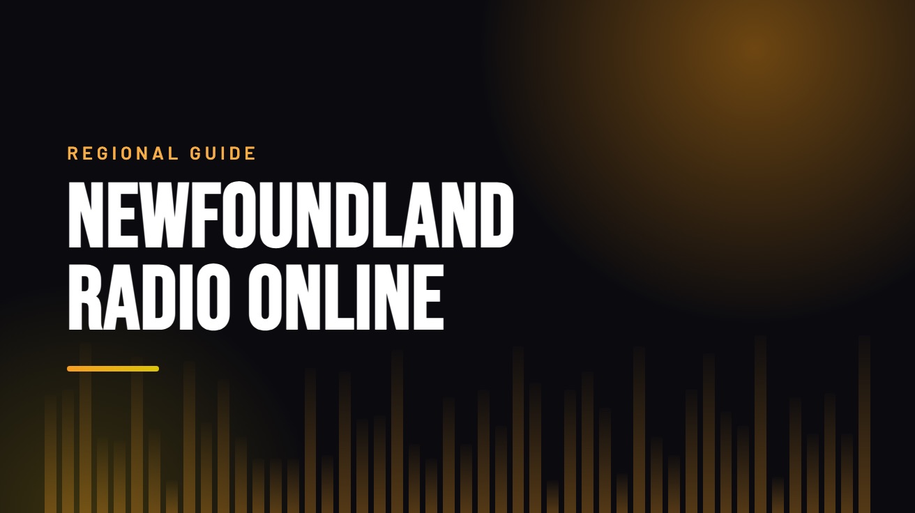 Title card for the guide: Newfoundland and Labrador Radio Online, in amber on black with an equaliser motif