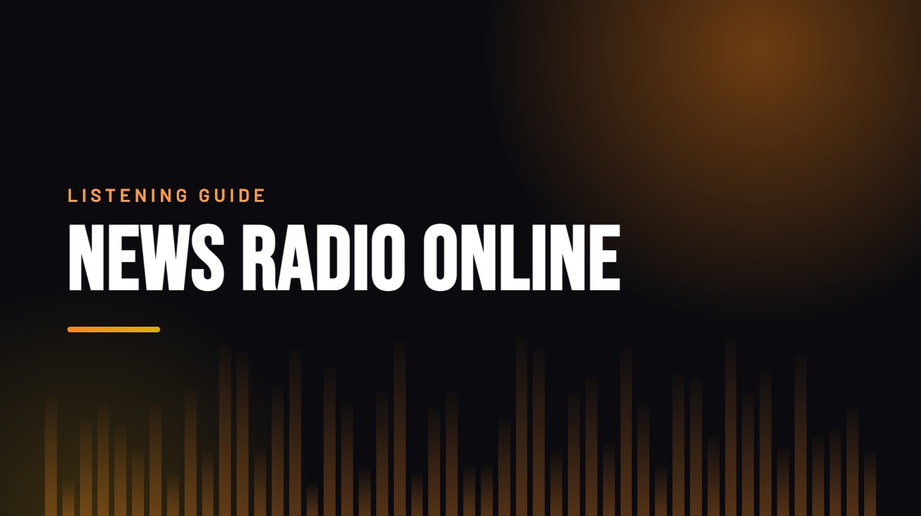 Title card for the guide: News Radio Online, in amber on black with an equaliser motif