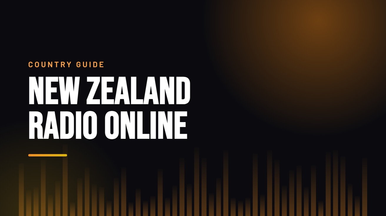 Title card for the guide: New Zealand Radio Online, in amber on black with an equaliser motif