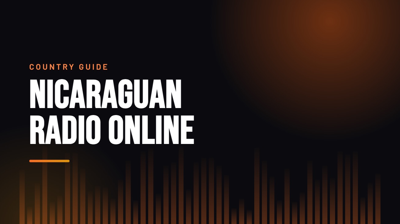 Title card for the guide: Nicaraguan Radio Online, in amber on black with an equaliser motif