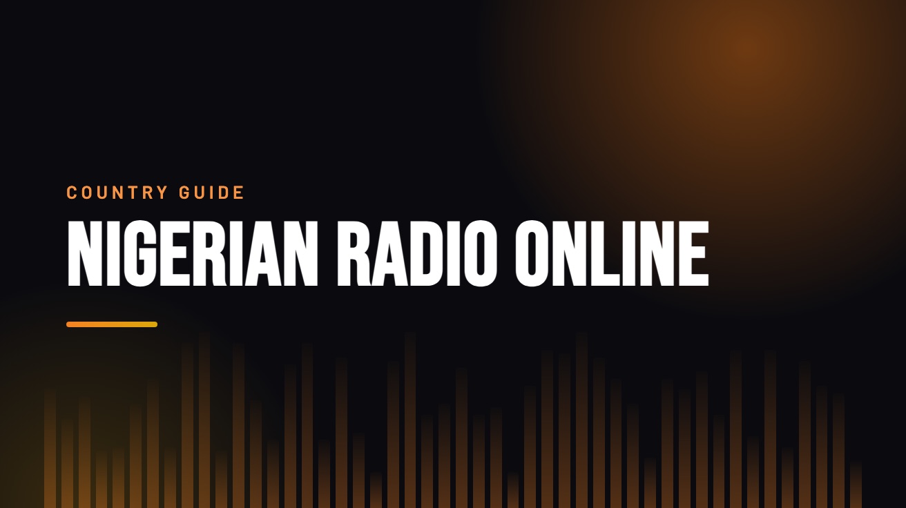 Title card for the guide: Nigerian Radio Online, in amber on black with an equaliser motif