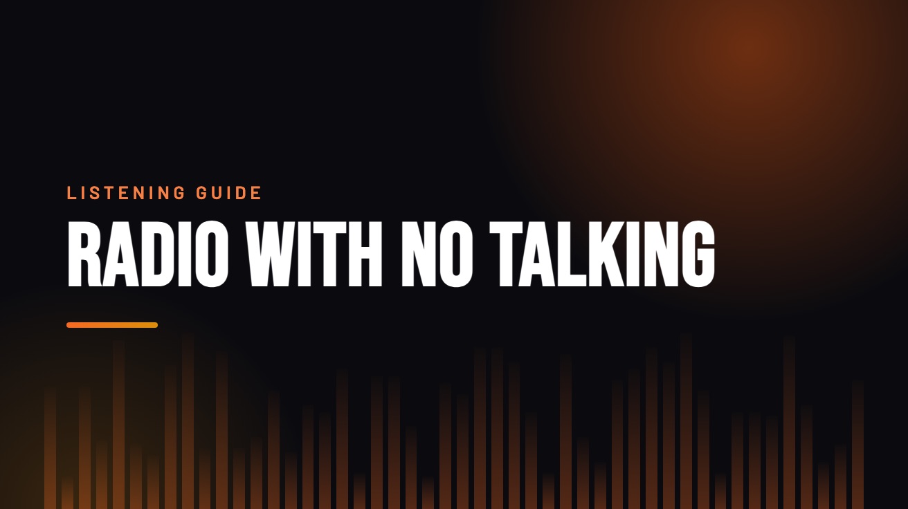 Title card for the guide: Radio With No Talking, in amber on black with an equaliser motif