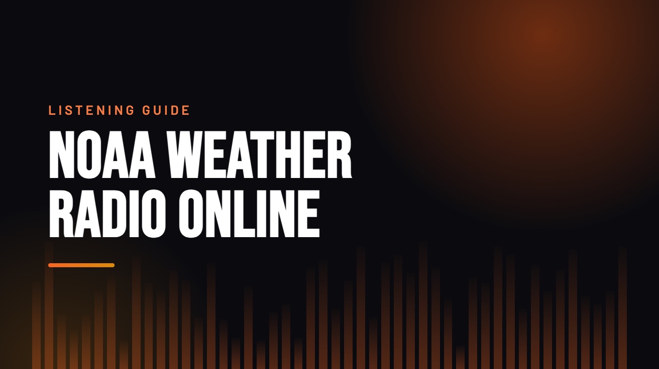 Title card for the guide: NOAA Weather Radio Online, in amber on black with an equaliser motif