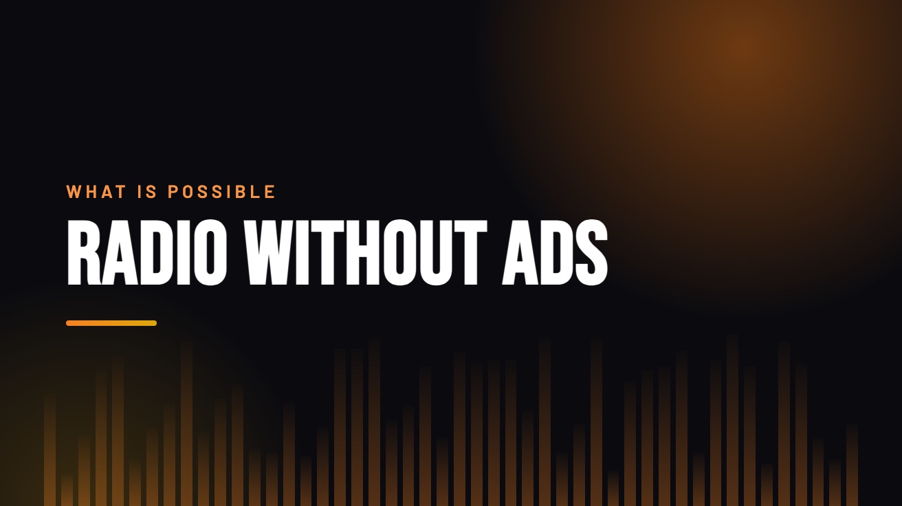 Title card for the guide: Radio Without Ads, in amber on black with an equaliser motif