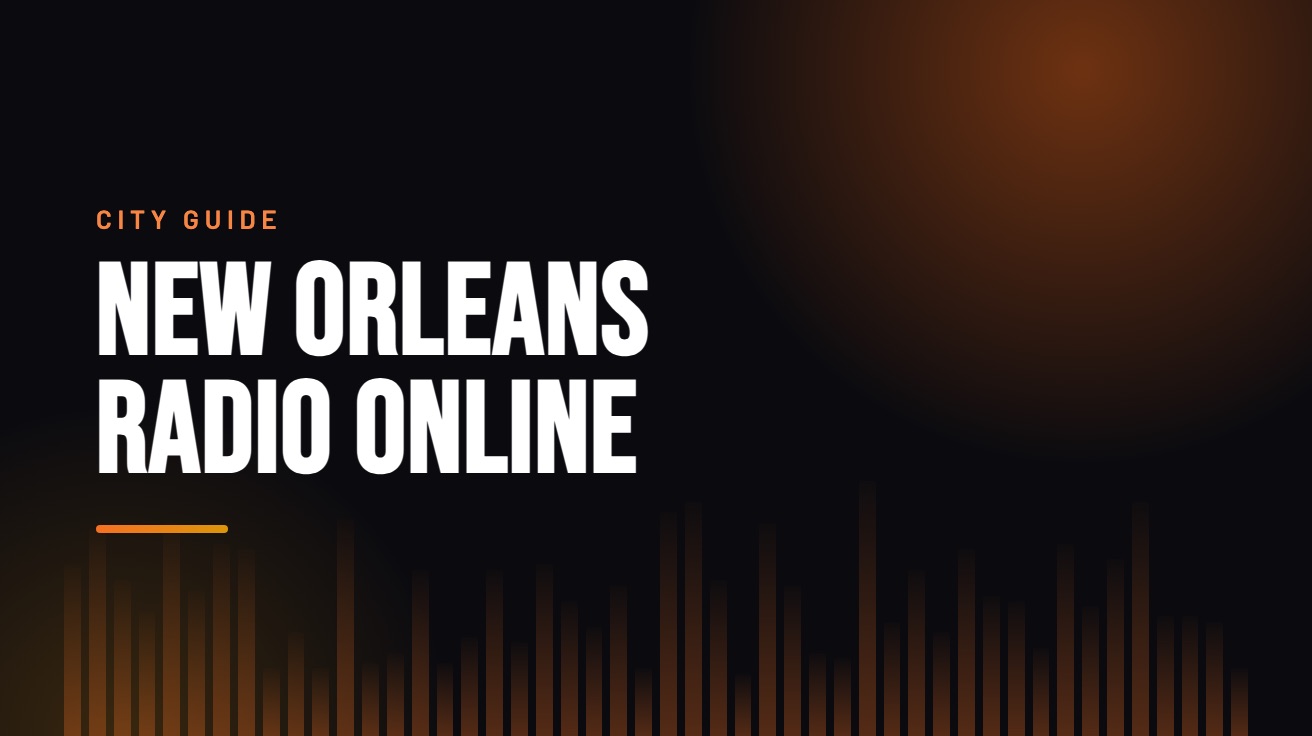 Title card for the guide: New Orleans Radio Online, in amber on black with an equaliser motif
