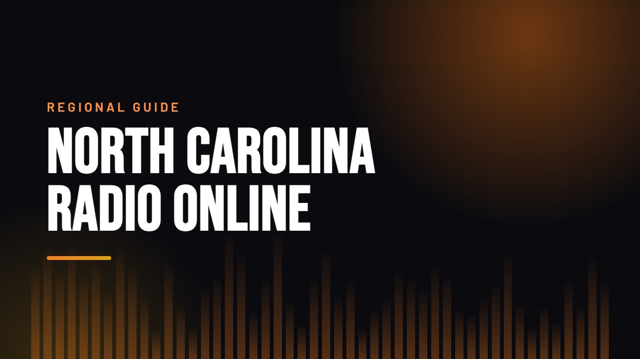 Title card for the guide: North Carolina Radio Online, in amber on black with an equaliser motif