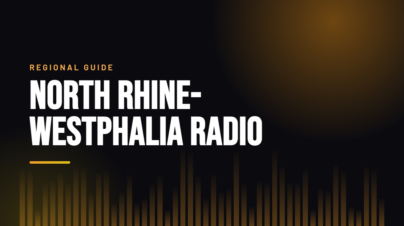 Title card for the guide: North Rhine-Westphalia Radio Online, in amber on black with an equaliser motif