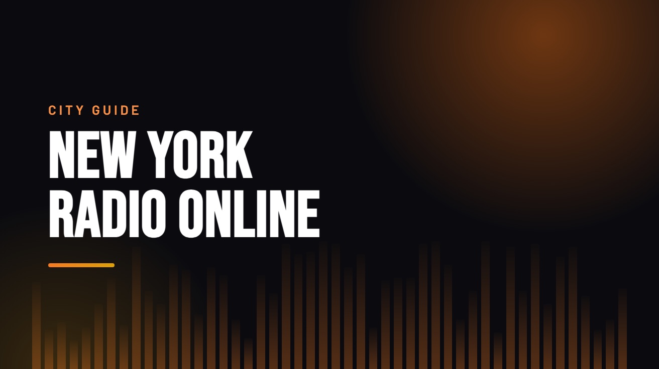 Title card for the guide: New York Radio Online, in amber on black with an equaliser motif