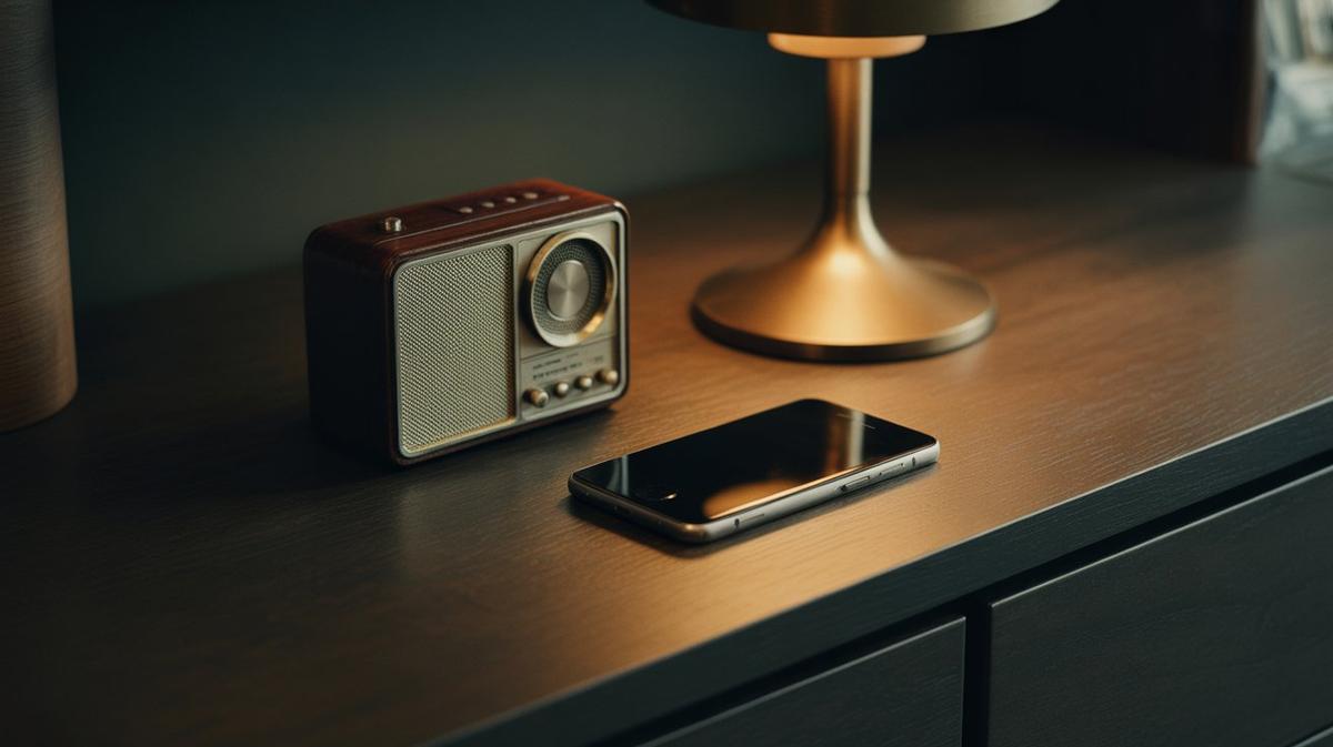 A radio and a phone side by side under warm light