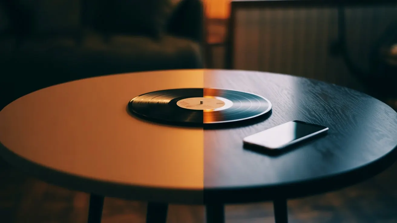 Vinyl record and phone in split warm-cool light