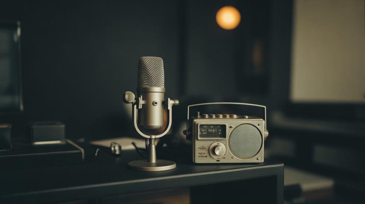 Microphone and a radio side by side in warm light