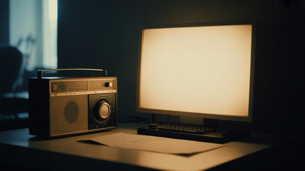 A glowing screen beside a vintage radio