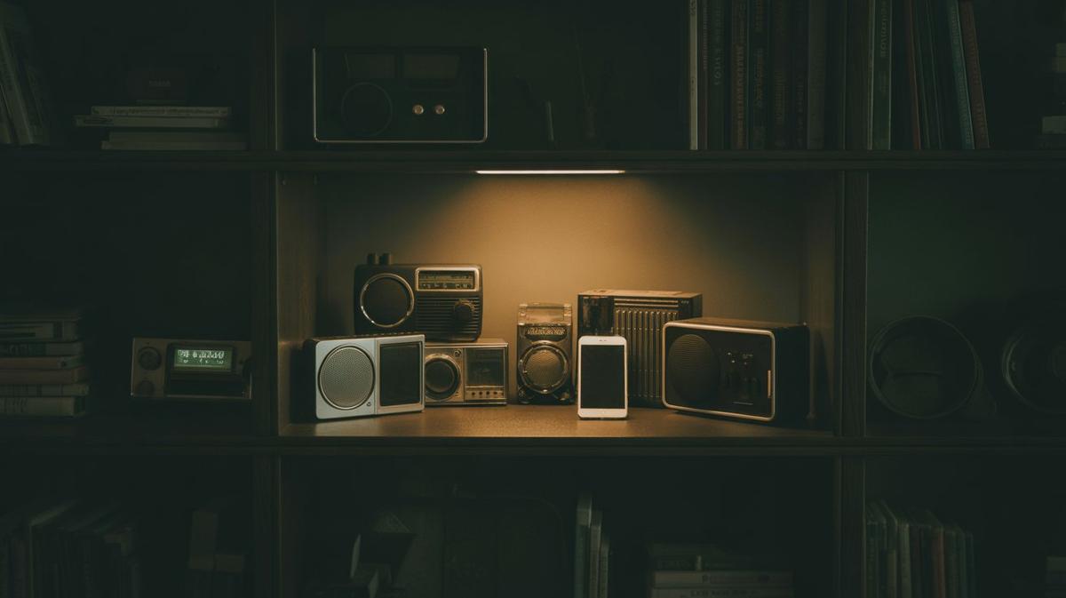 Several small radios and a phone under warm light