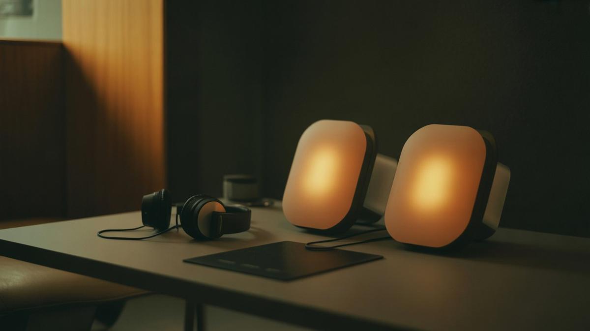 Headphones and two glowing players on a warm desk