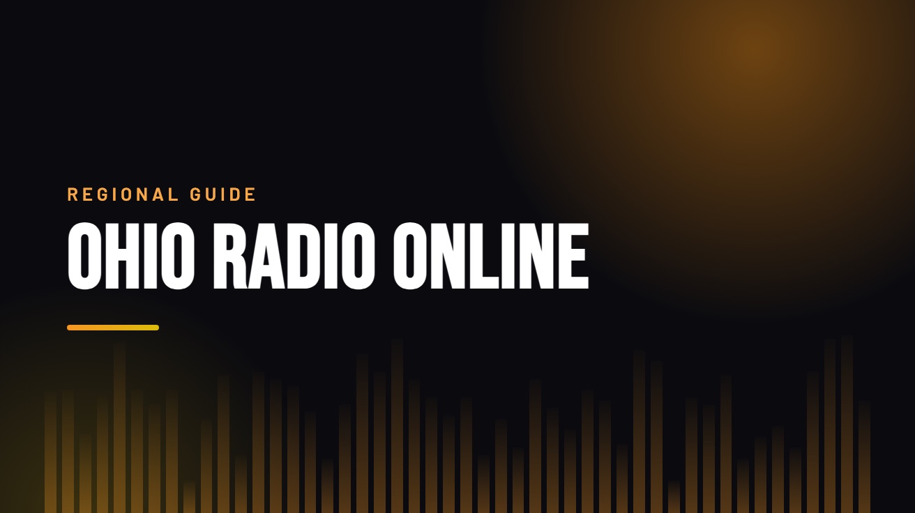 Title card for the guide: Ohio Radio Online, in amber on black with an equaliser motif