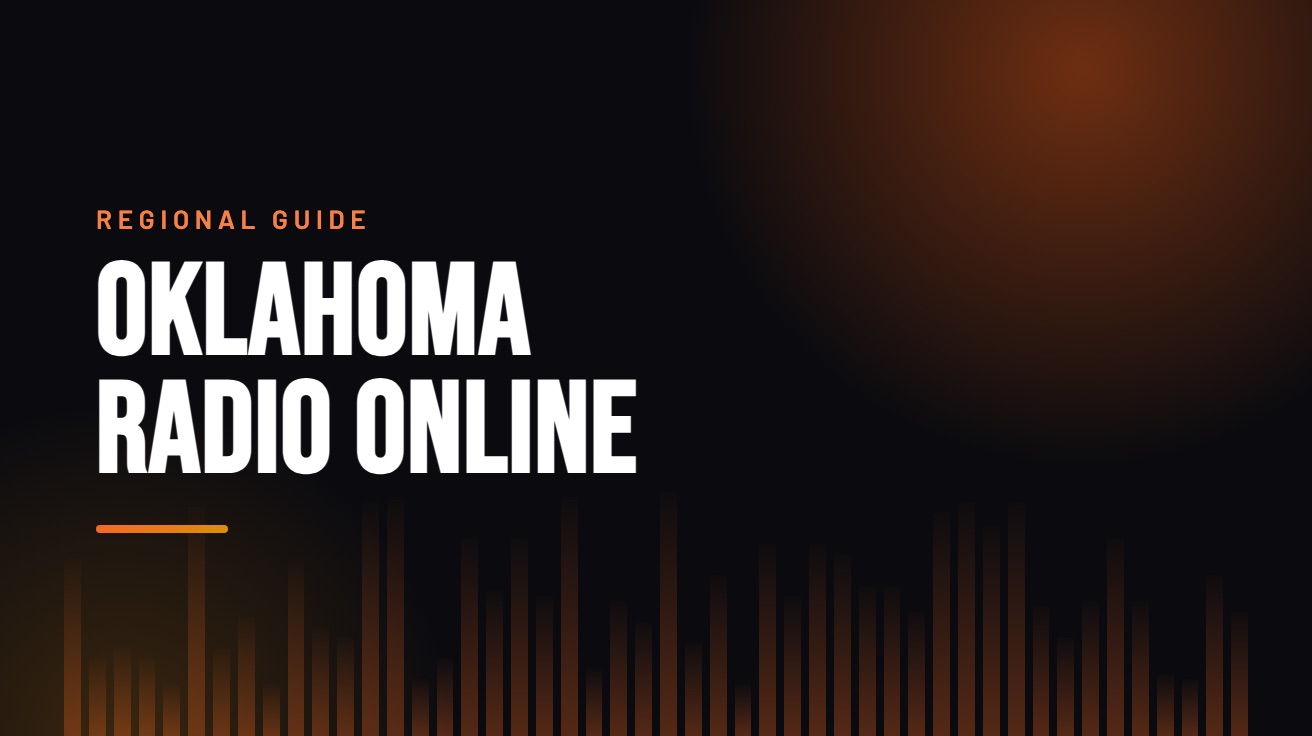 Title card for the guide: Oklahoma Radio Online, in amber on black with an equaliser motif