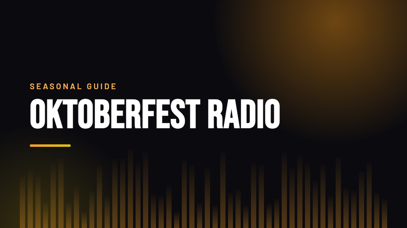 Title card for the guide: Oktoberfest Radio, in amber on black with an equaliser motif