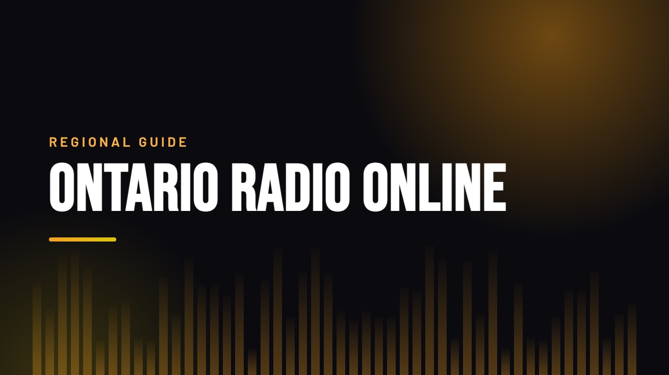 Title card for the guide: Ontario Radio Online, in amber on black with an equaliser motif