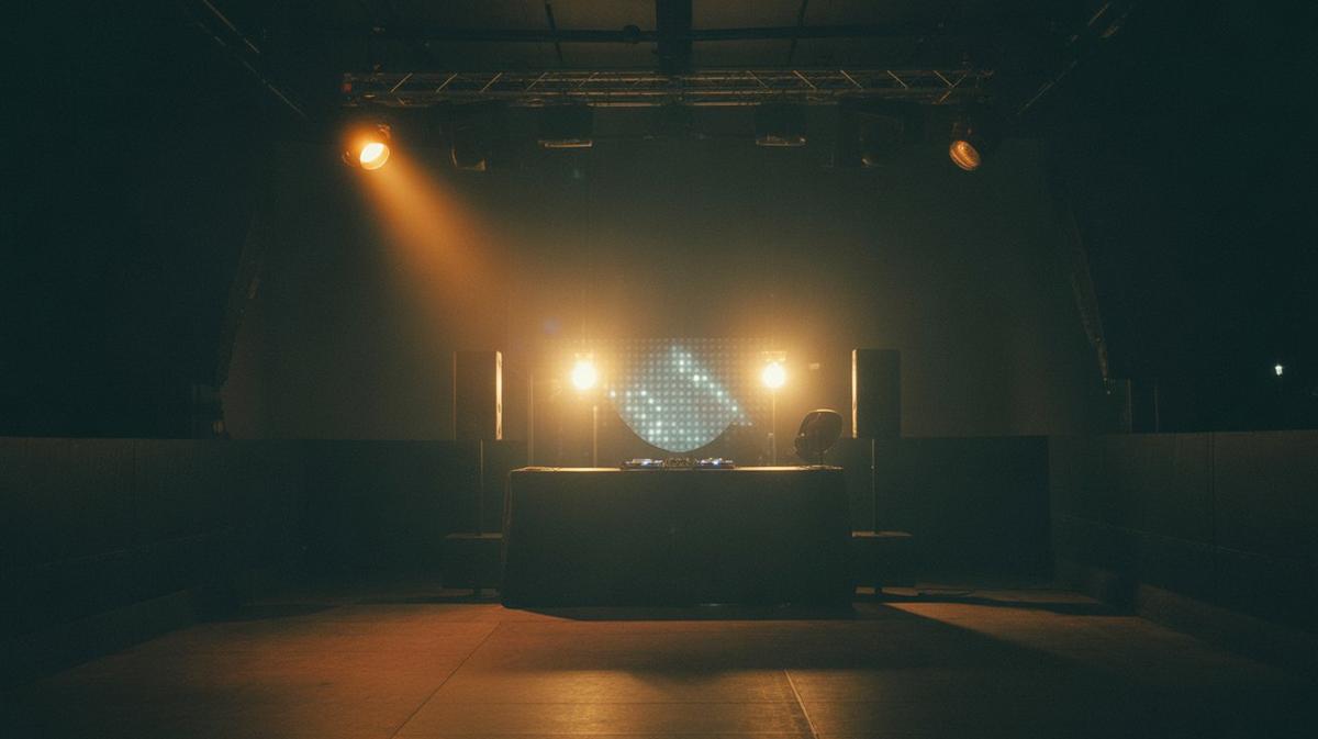DJ booth with warm lights and a mirror-ball glow