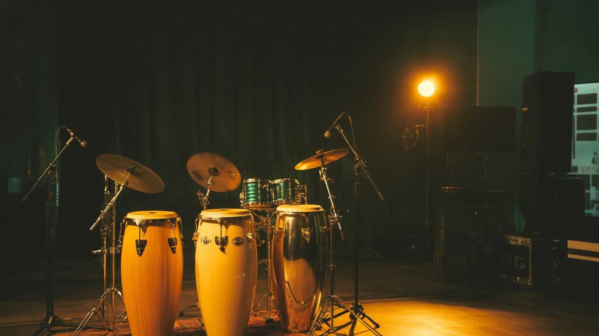Congas and brass under warm golden stage light