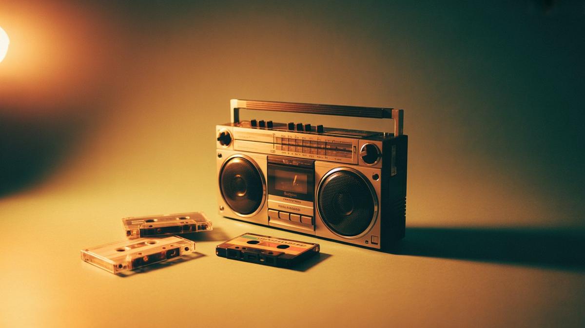A boombox and cassettes in warm retro light