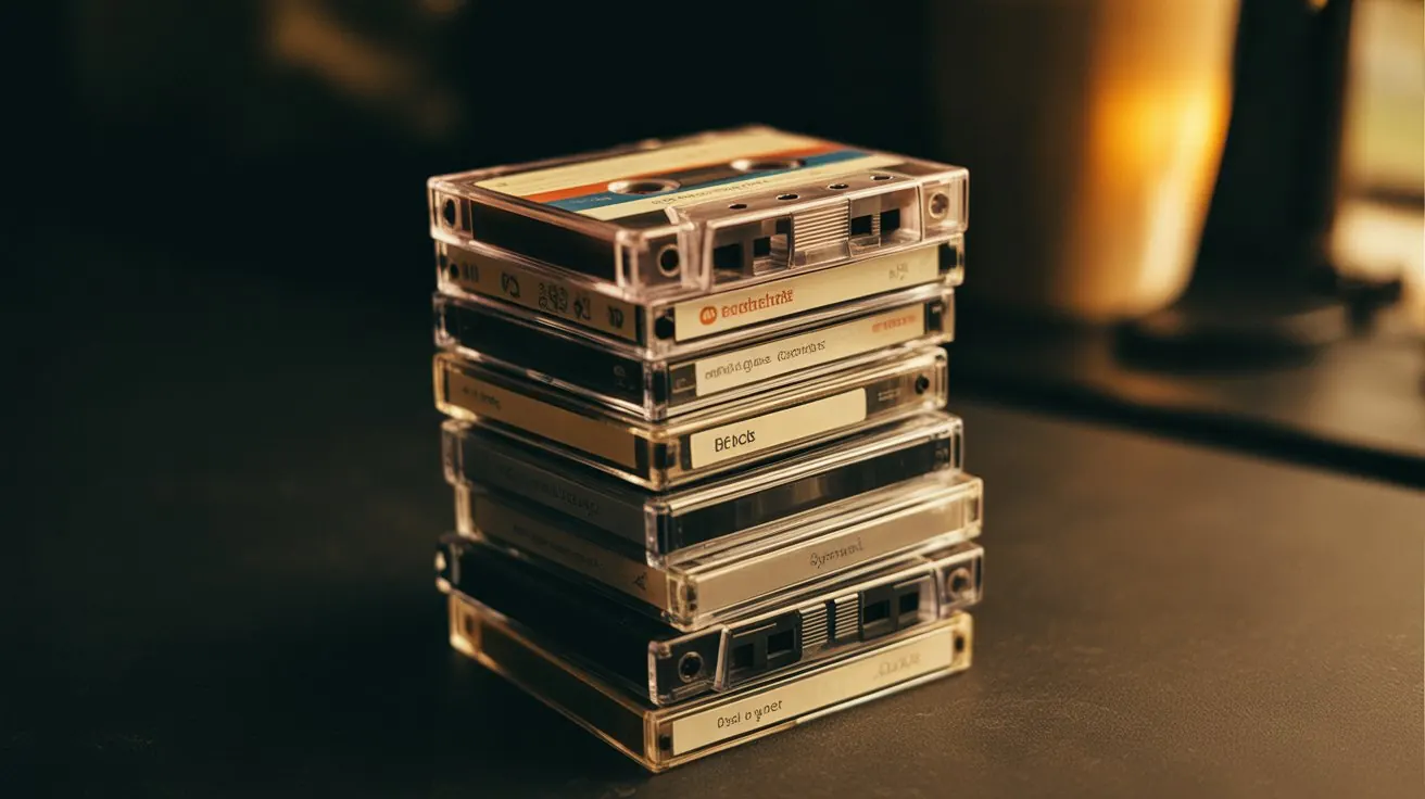 Stack of cassette tapes in warm light
