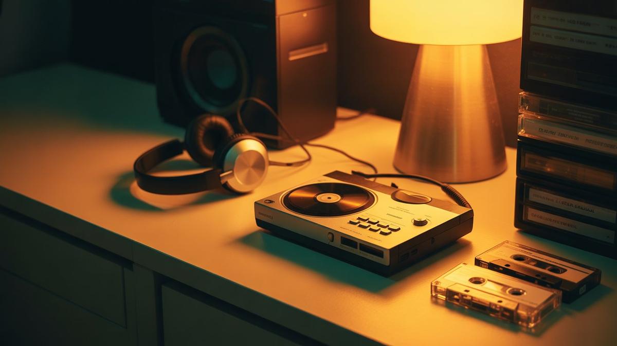 Portable CD player and headphones in warm light