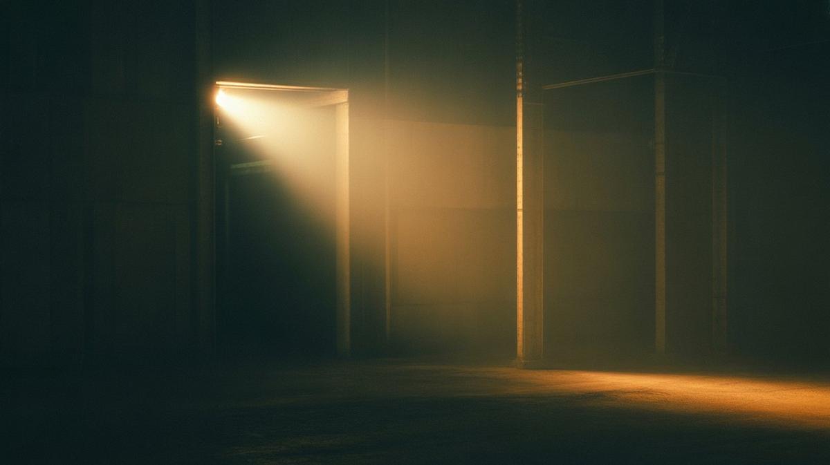 Dark warehouse with a warm strobe beam and fog