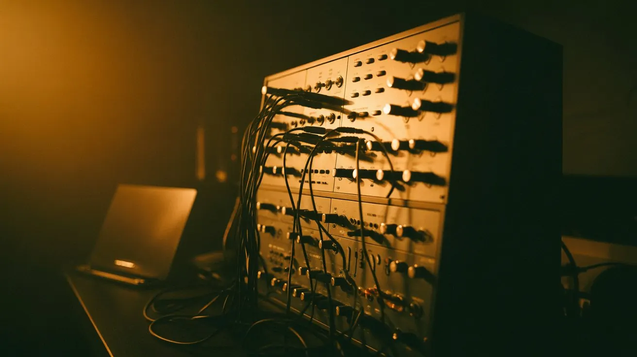 Modular synth wall glowing amber