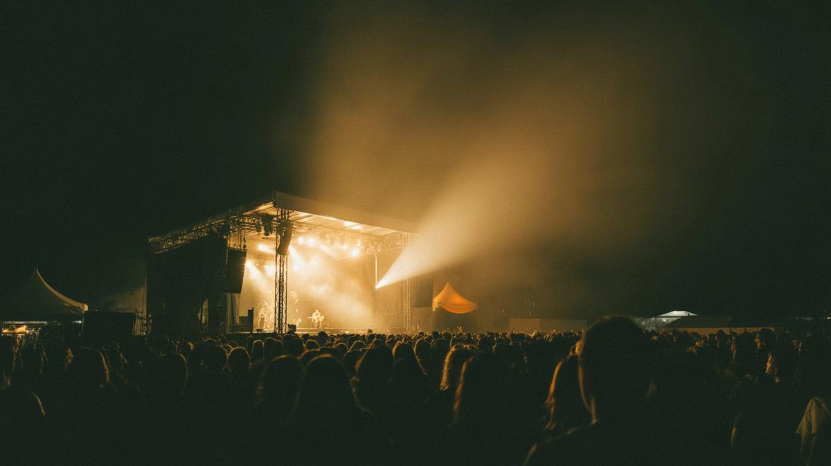 Festival stage with warm light beams in fog