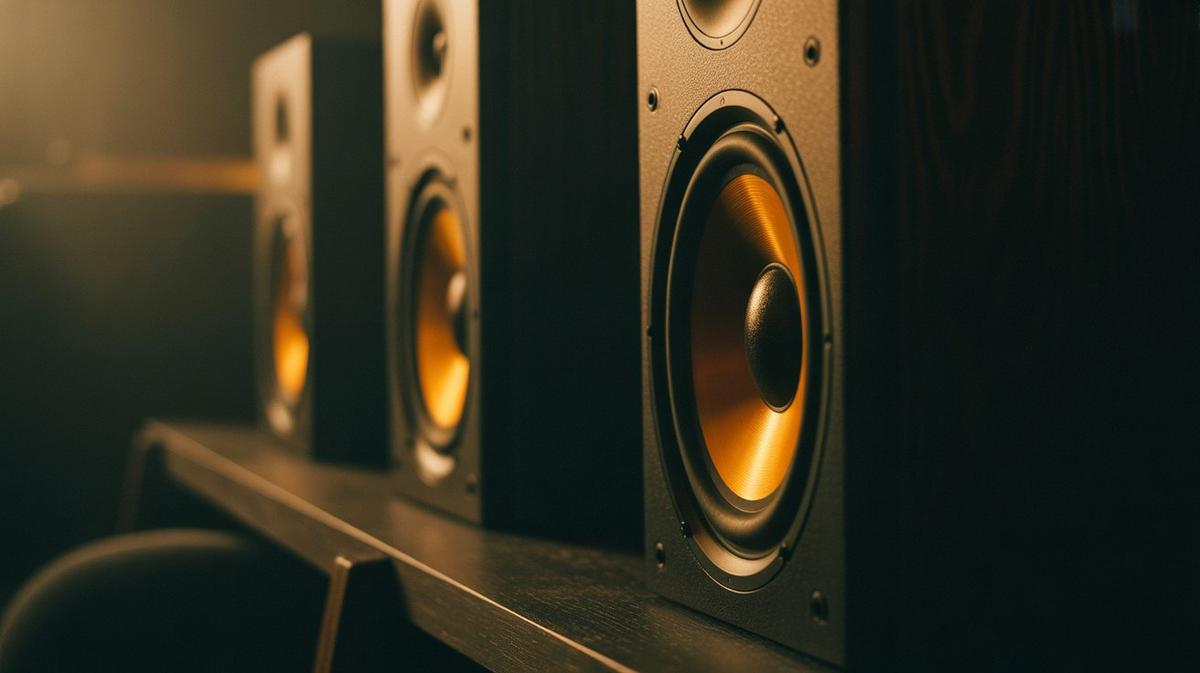 Glowing amber speaker cones in a dark studio