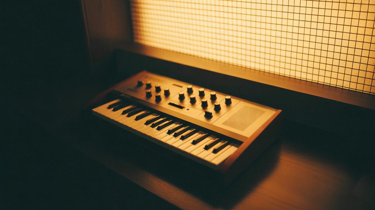 Retro synthesizer with a warm sunset-grid horizon