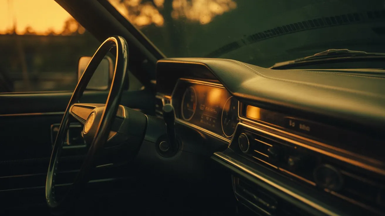 Retro car dashboard glowing warm at night