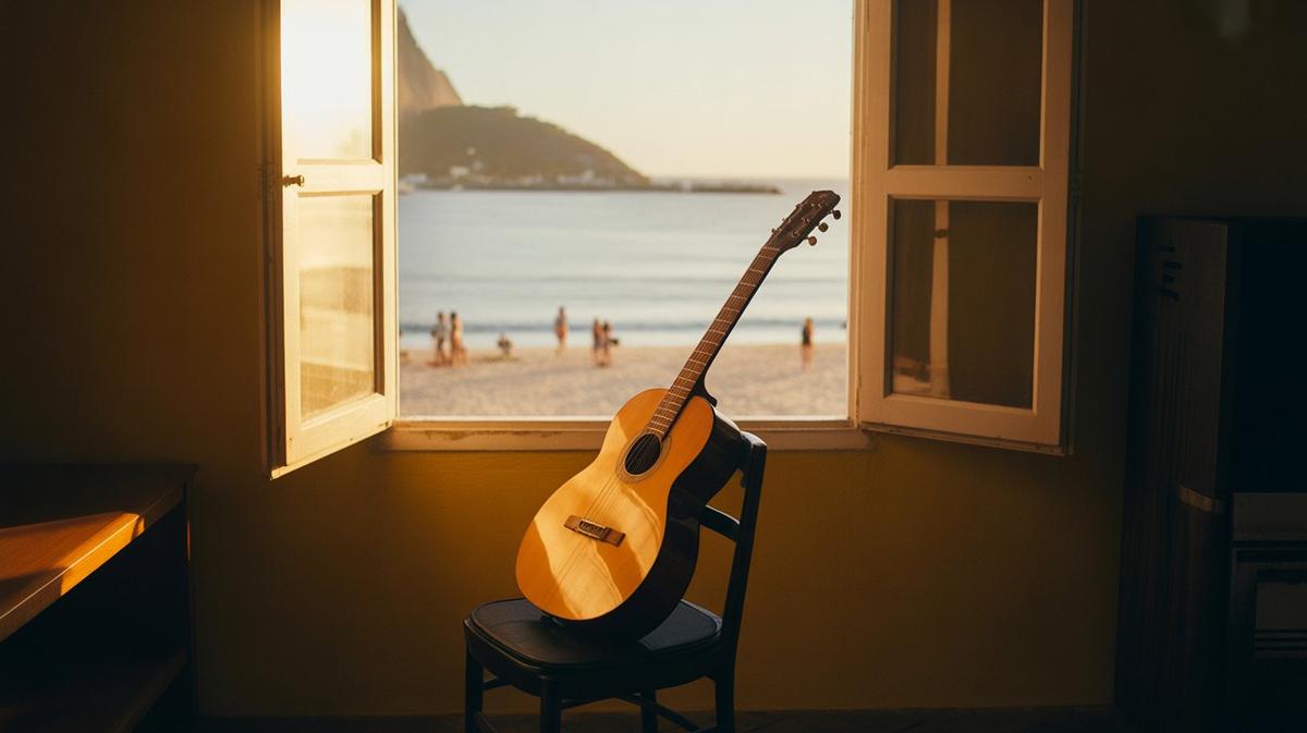 Nylon-string guitar by a window over a warm beach