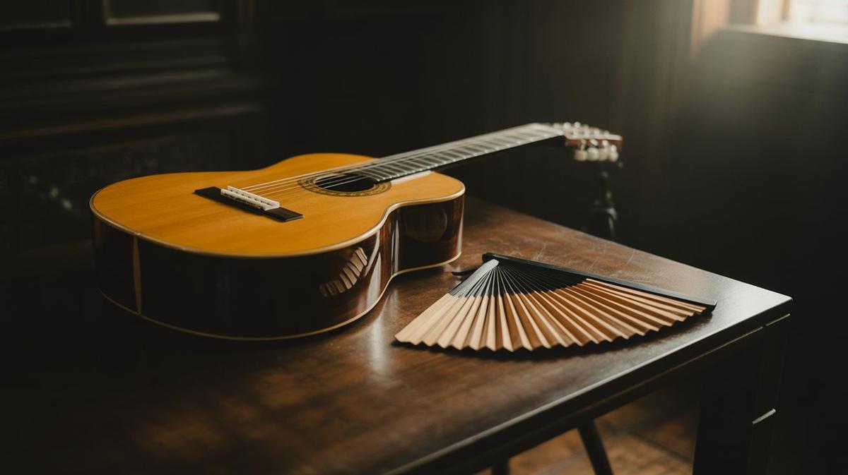 Flamenco guitar and fan on a dark table